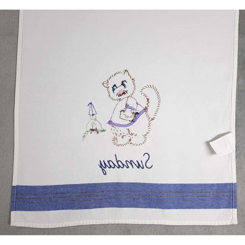 Vintage Cat Tea Towel Kitchen Embroidered Sunday Kitty‎ Church Day of the Week